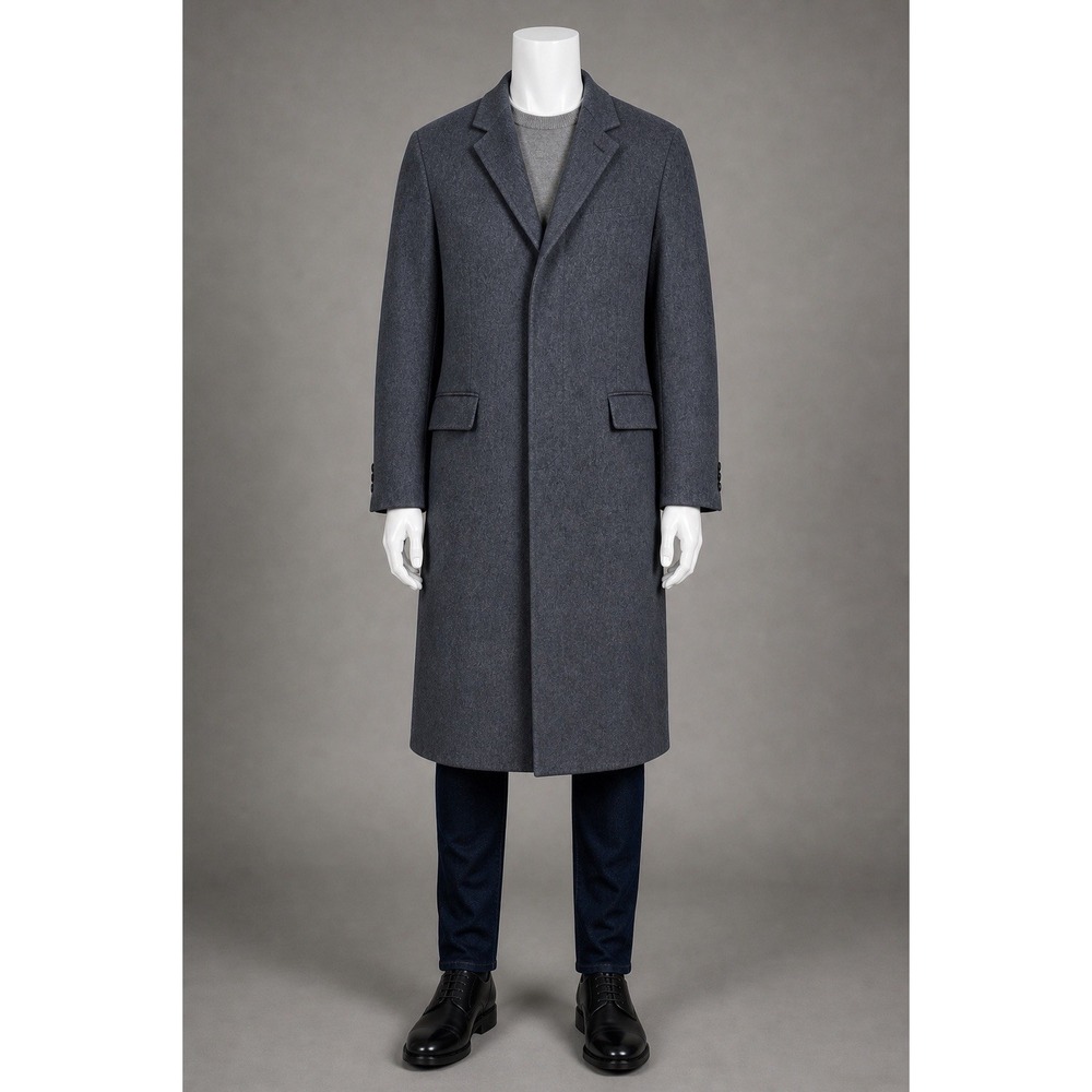 Kinder Wool Overcoat Men's Large Gray Long Coat Made in England Cashmere Blend